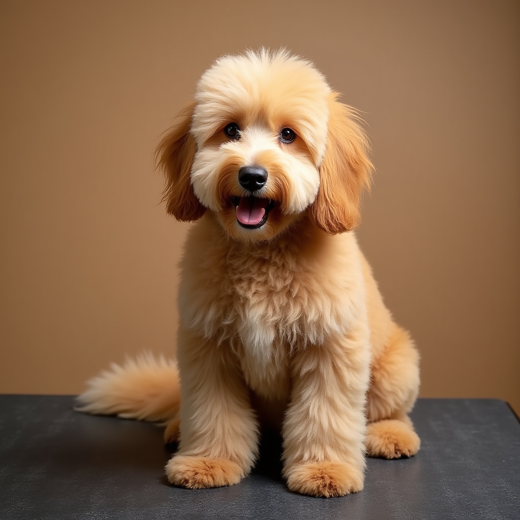Same golden doodle with beautifully trimmed, fluffy coat after professional mobile grooming