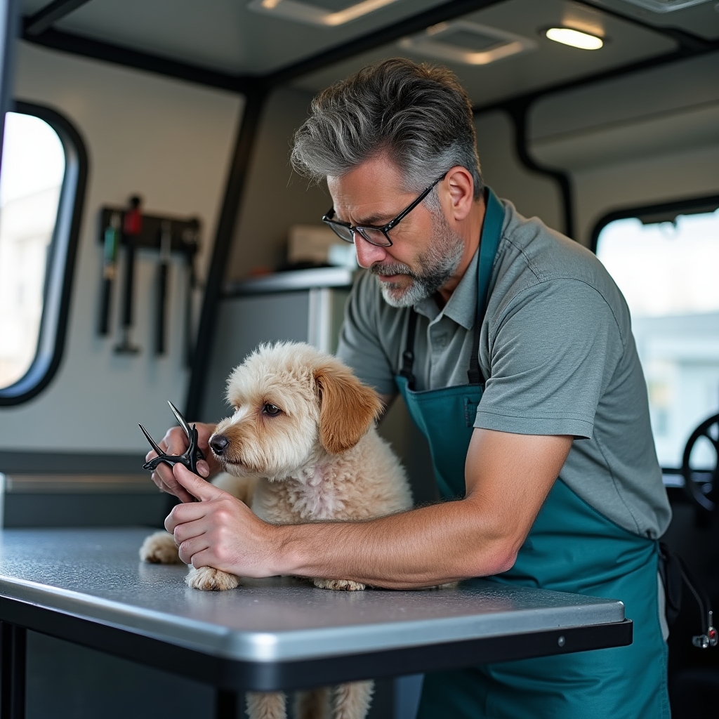 A professional groomer trimming a well-behaved poodle mix in a clean mobile grooming van interior