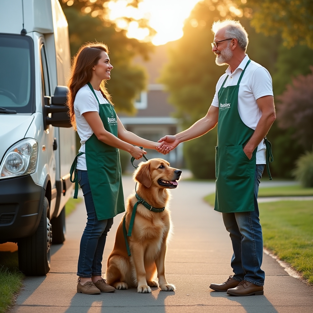 Friendly female groomer in a green uniform shaking hands with a middle-aged man while his golden retriever sits calmly nearby in a sunny driveway