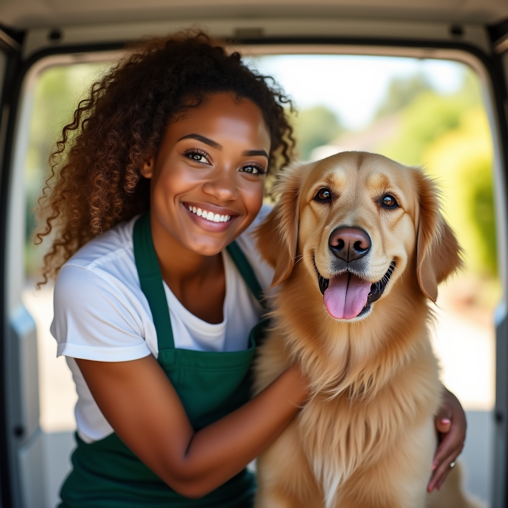 Professional groomer gently bathing a fluffy golden retriever in a mobile grooming van