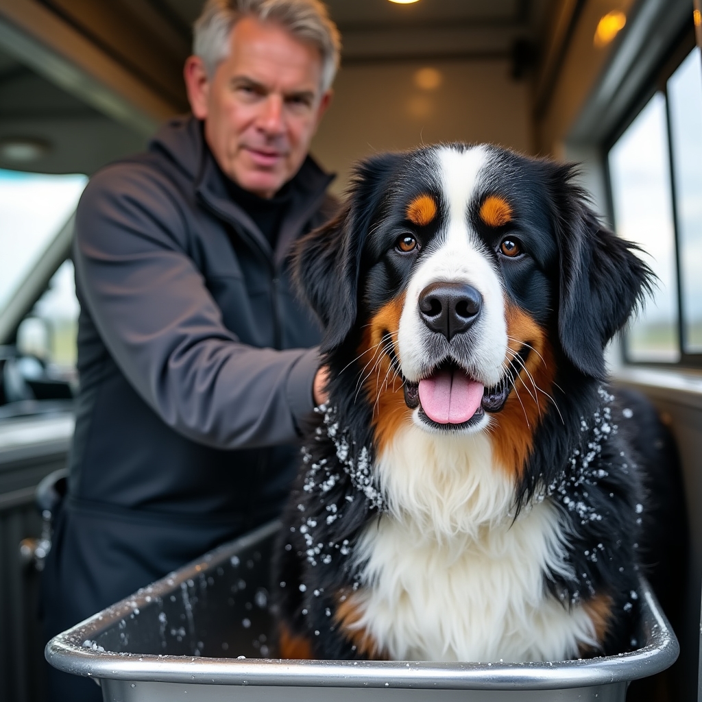Large fluffy Bernese Mountain Dog being shampooed in the wash station inside a spacious mobile grooming van, water and suds visible