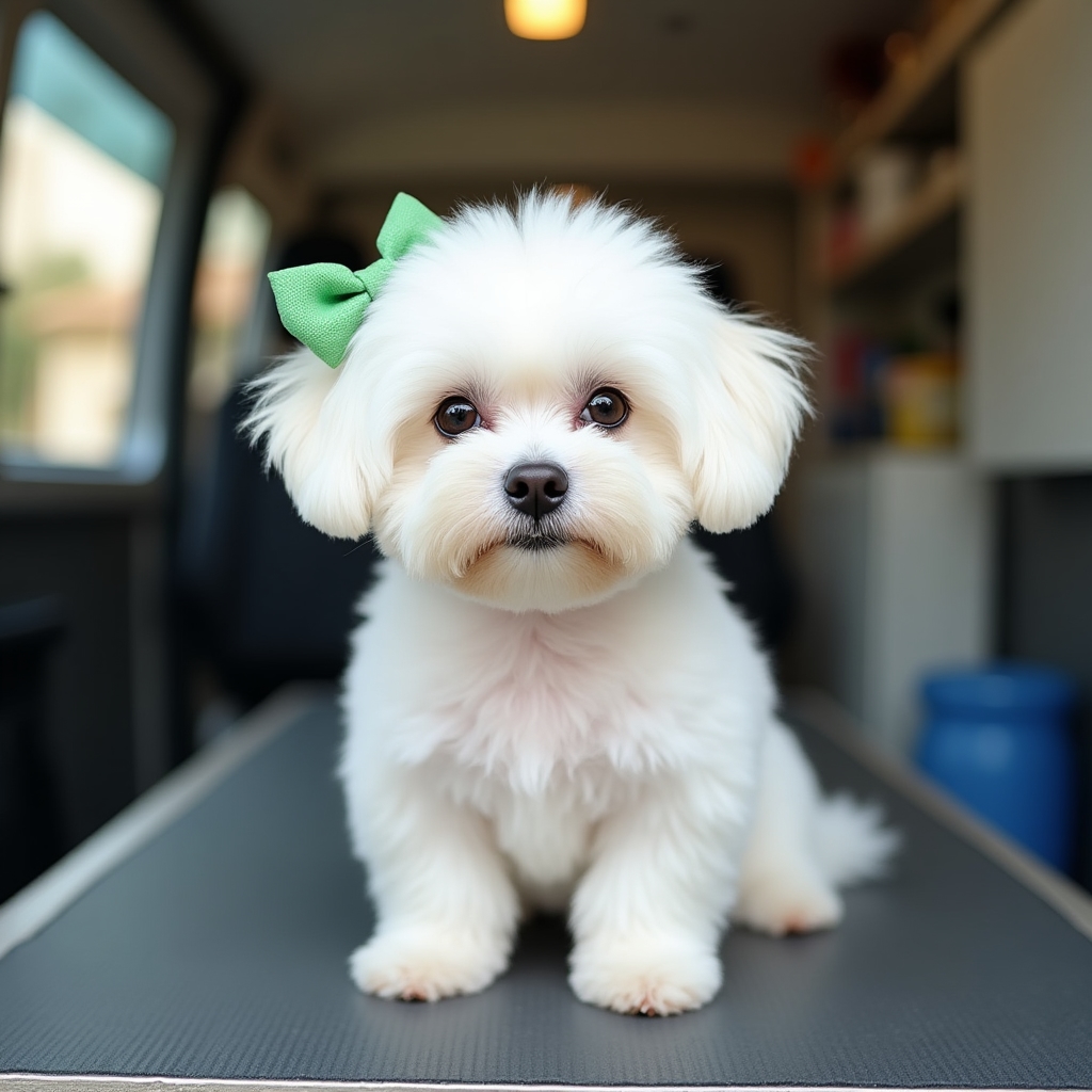 Tiny white Maltese dog sitting calmly on a grooming table inside a mobile van, freshly brushed coat gleaming