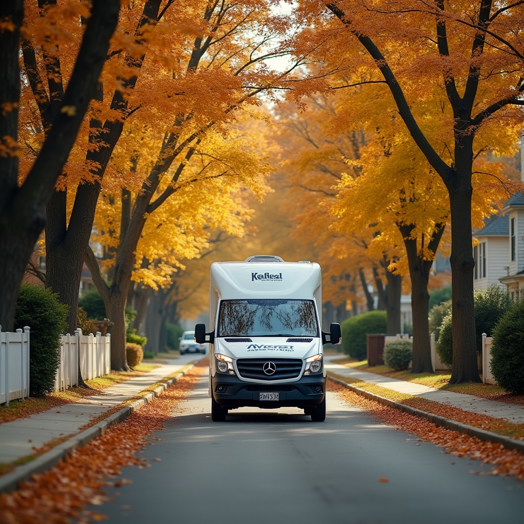White mobile grooming van driving through a tree-lined residential neighborhood on a sunny day